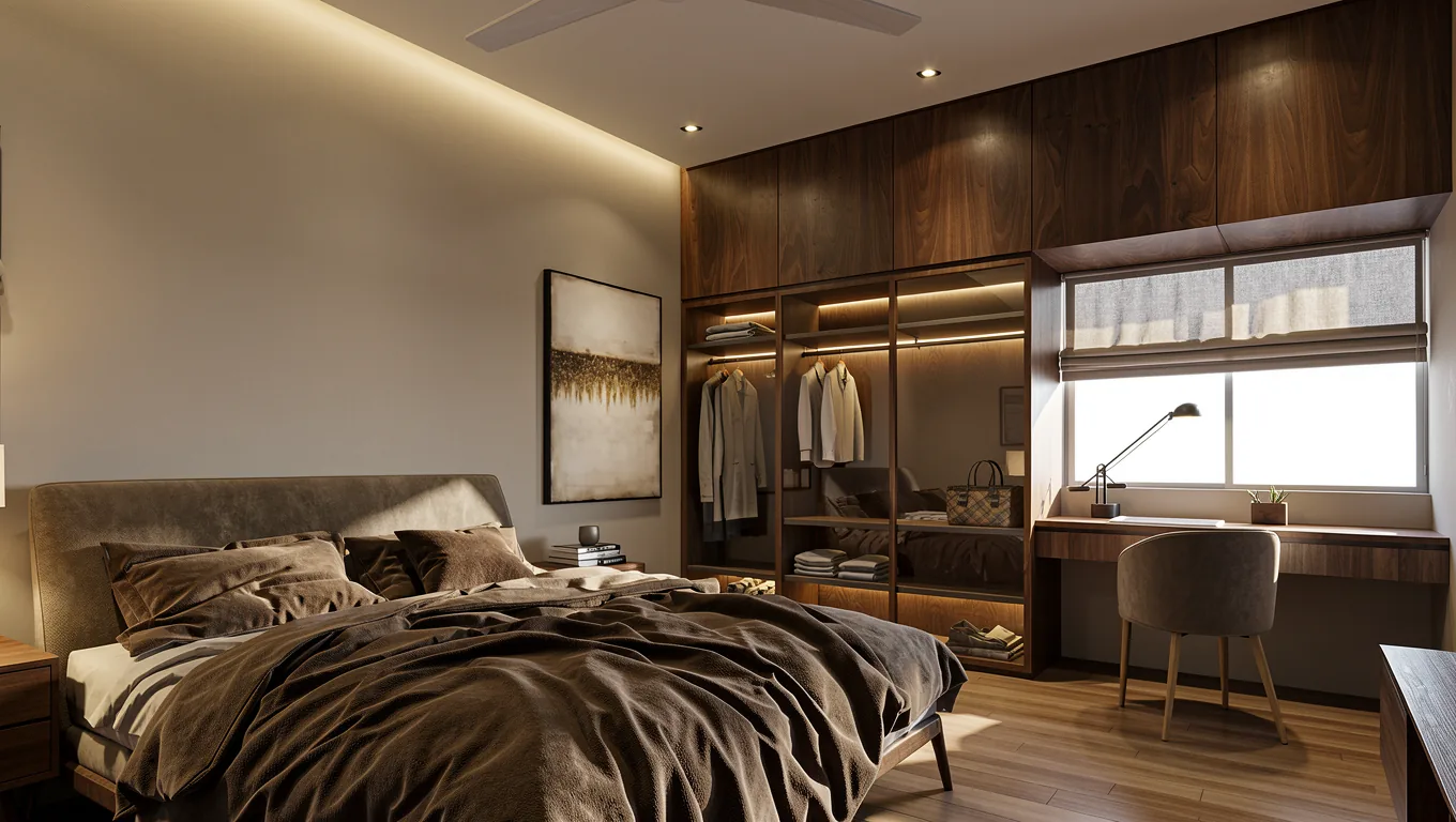 Master bedroom with walk-in wardrobe and study