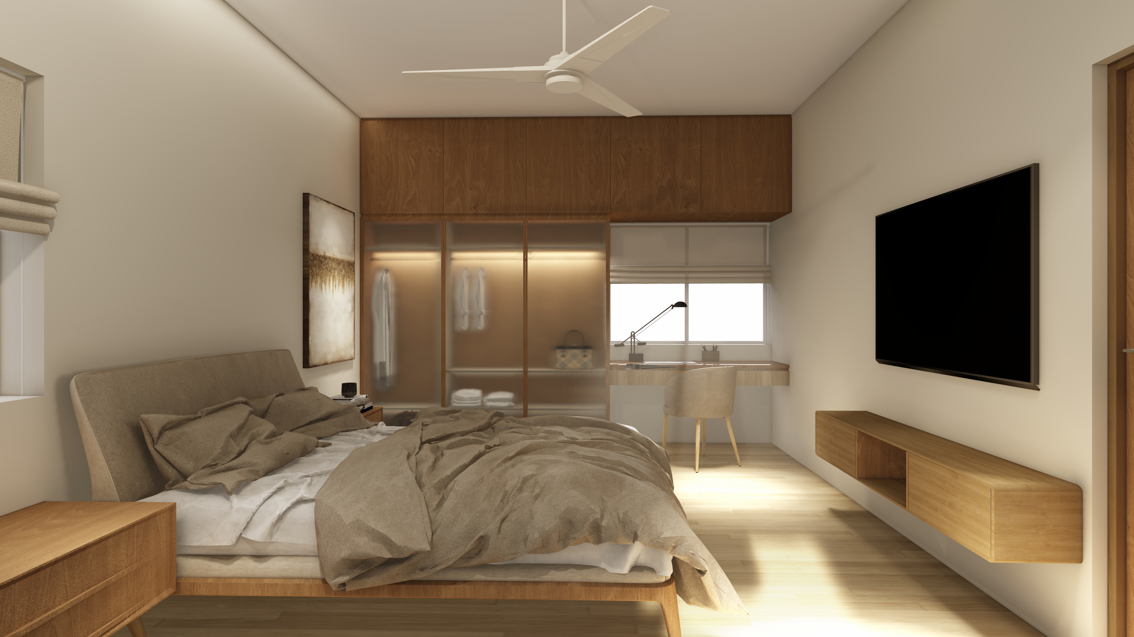 Bedroom with media wall and wardrobe