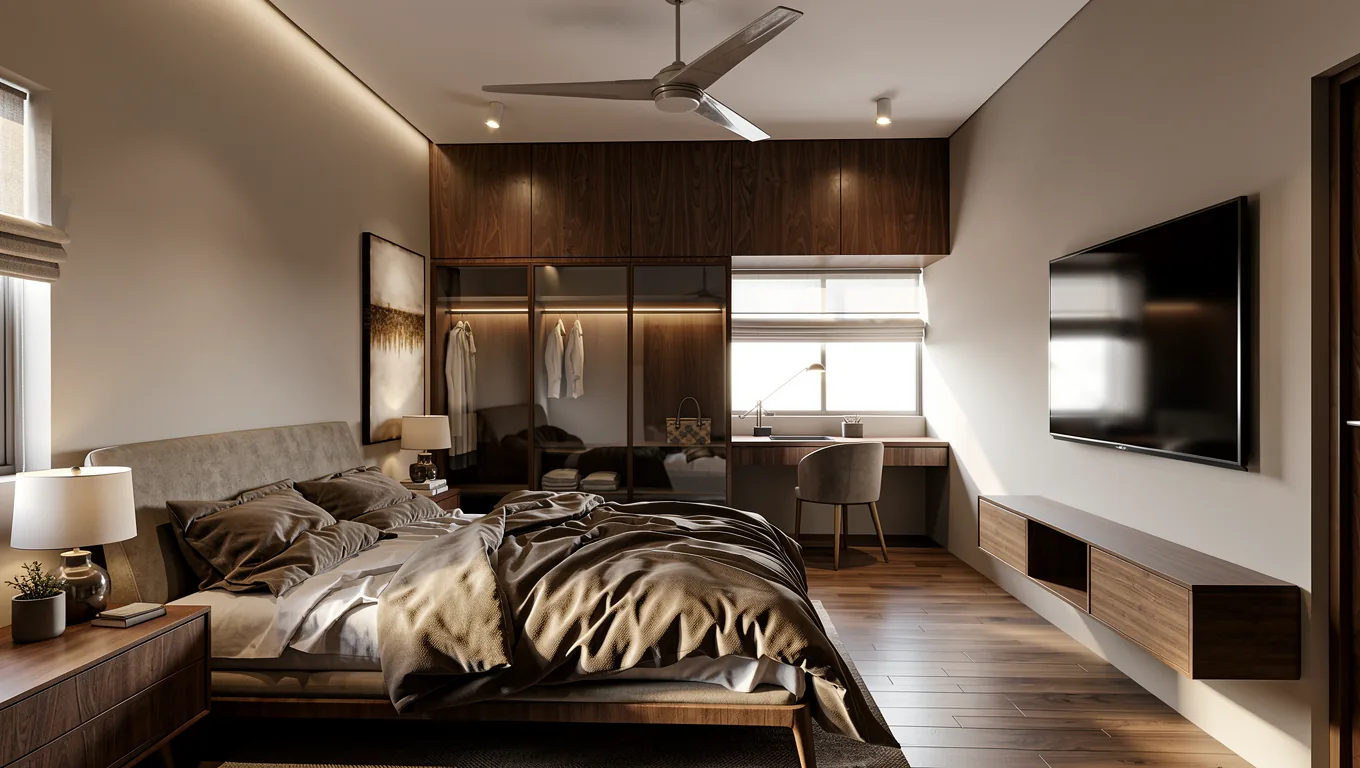 Bedroom with media wall and wardrobe