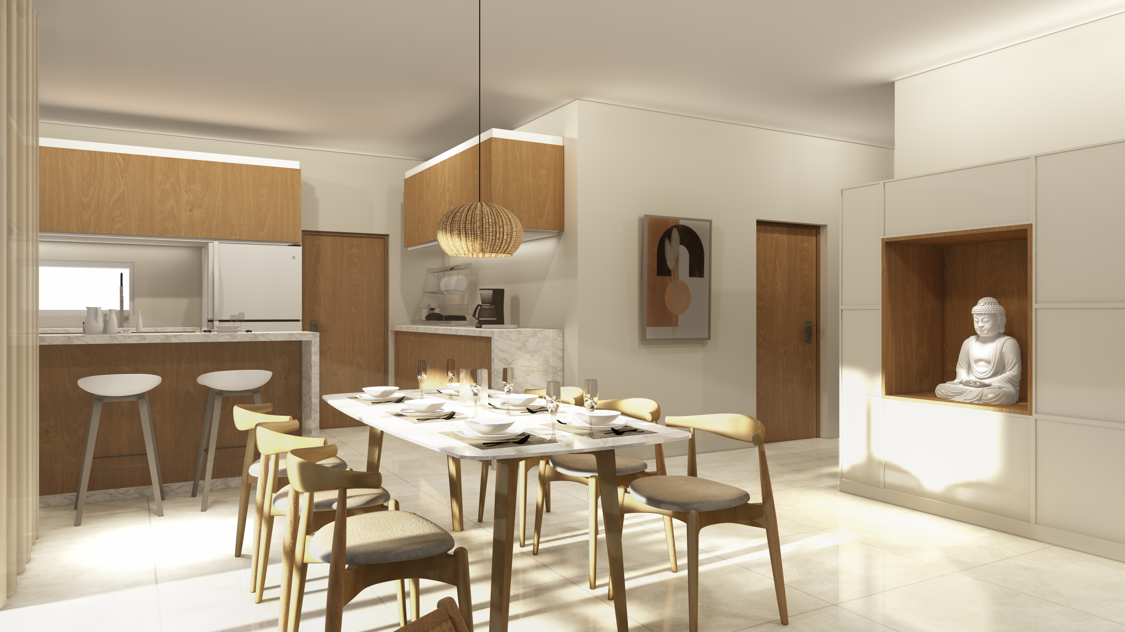 Dining and kitchen with prayer niche