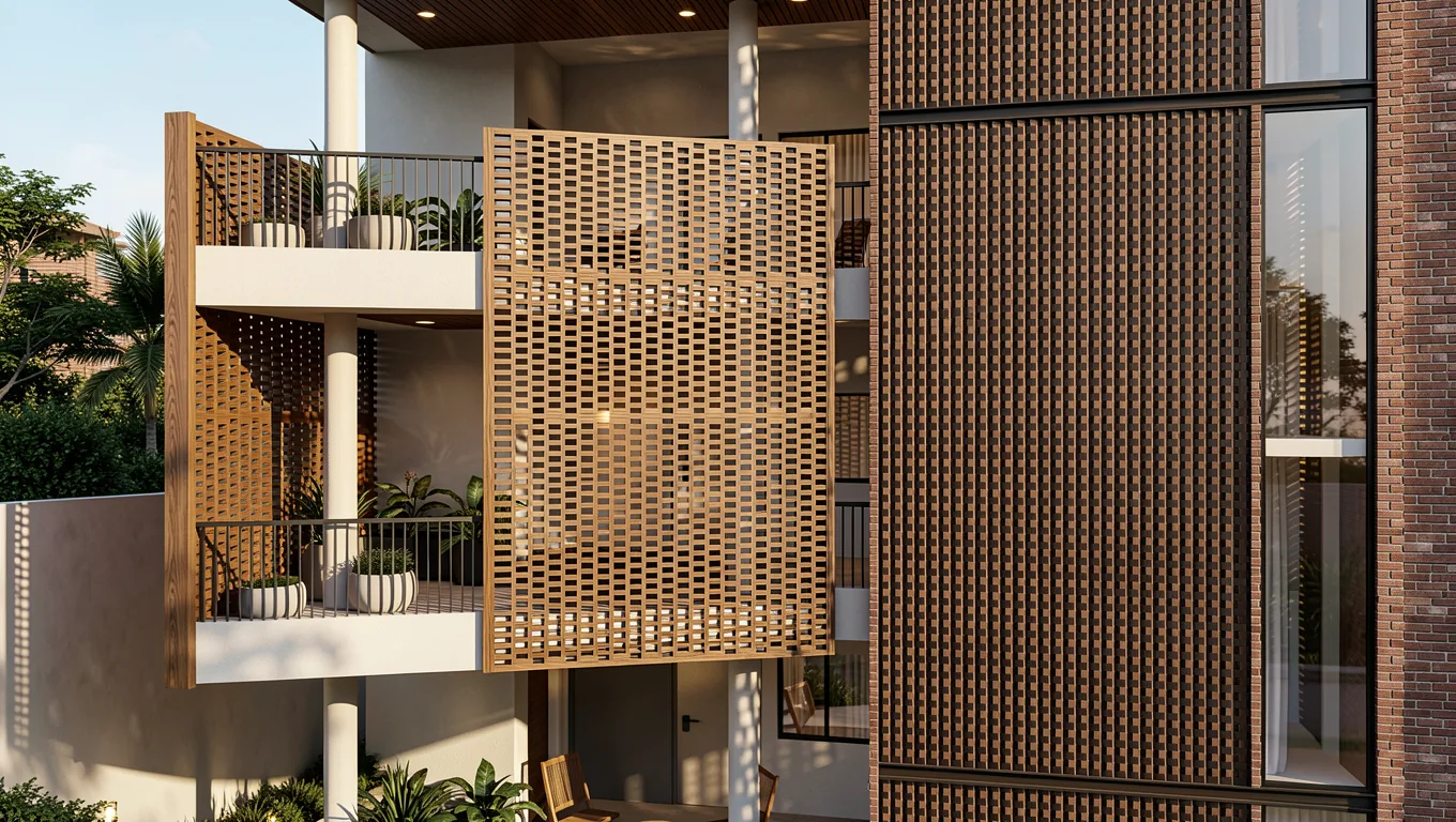 Perforated terracotta jali screens on the balconies