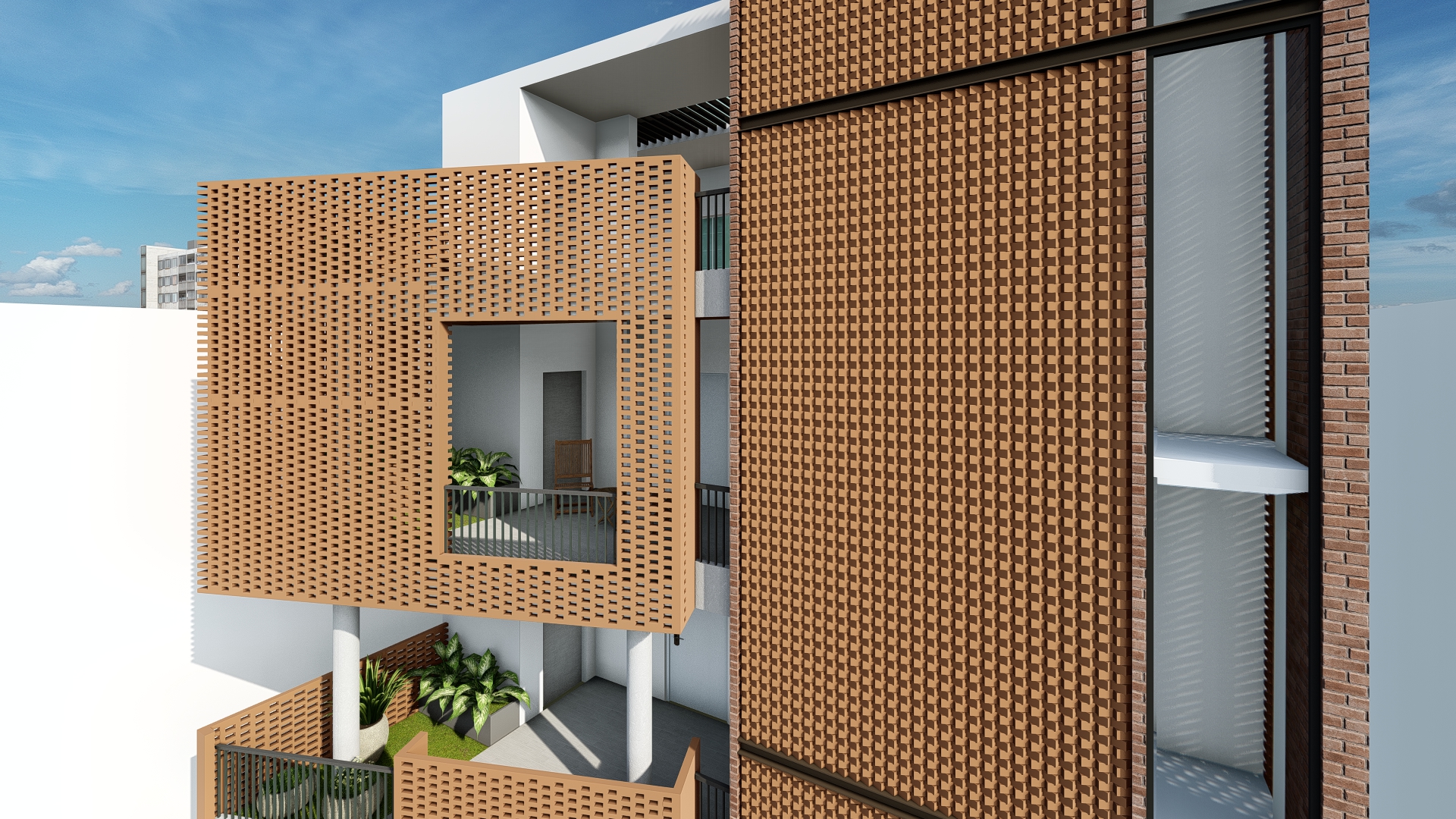 Terracotta brick facade and balcony bays