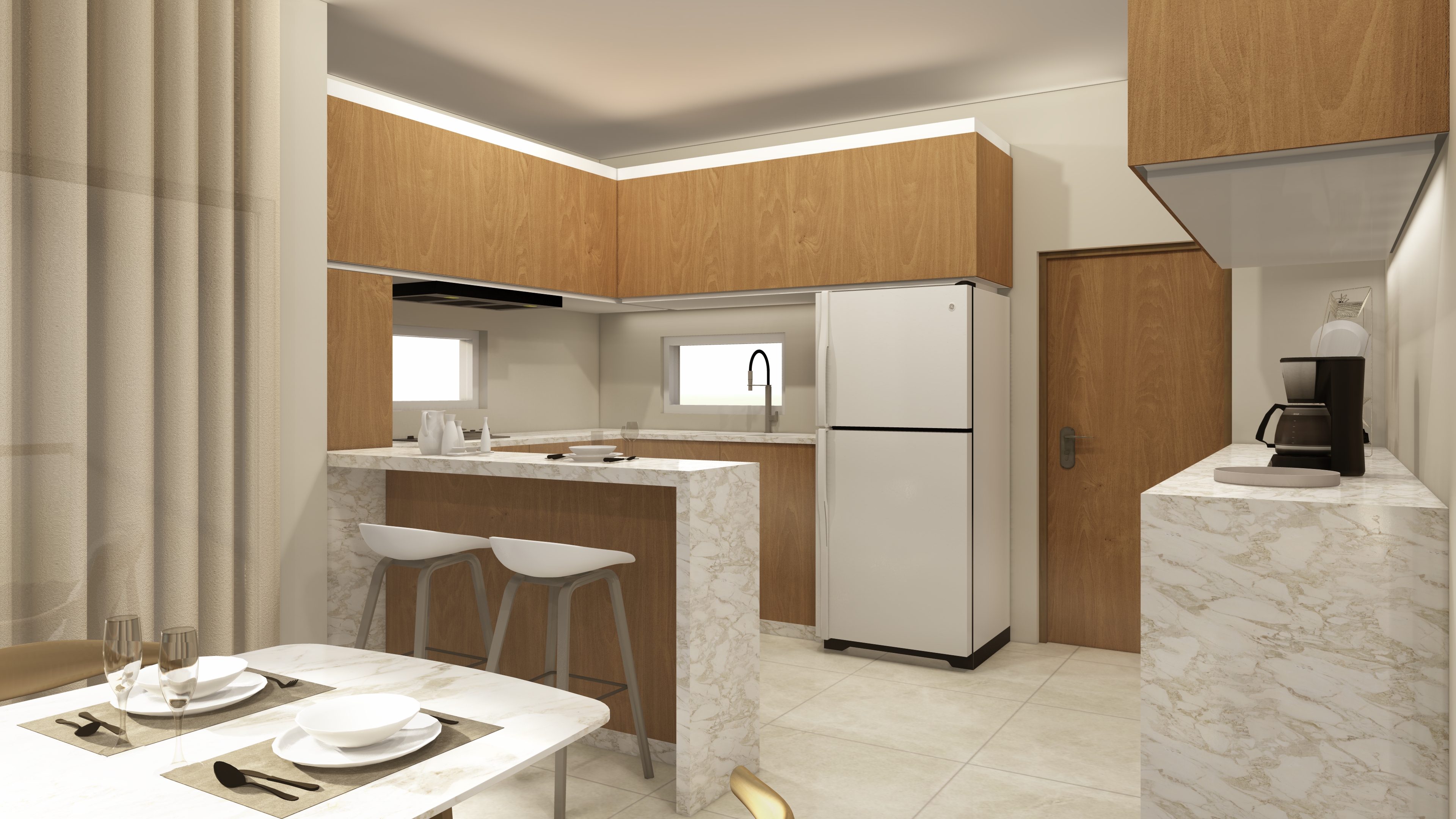 Open kitchen with marble island