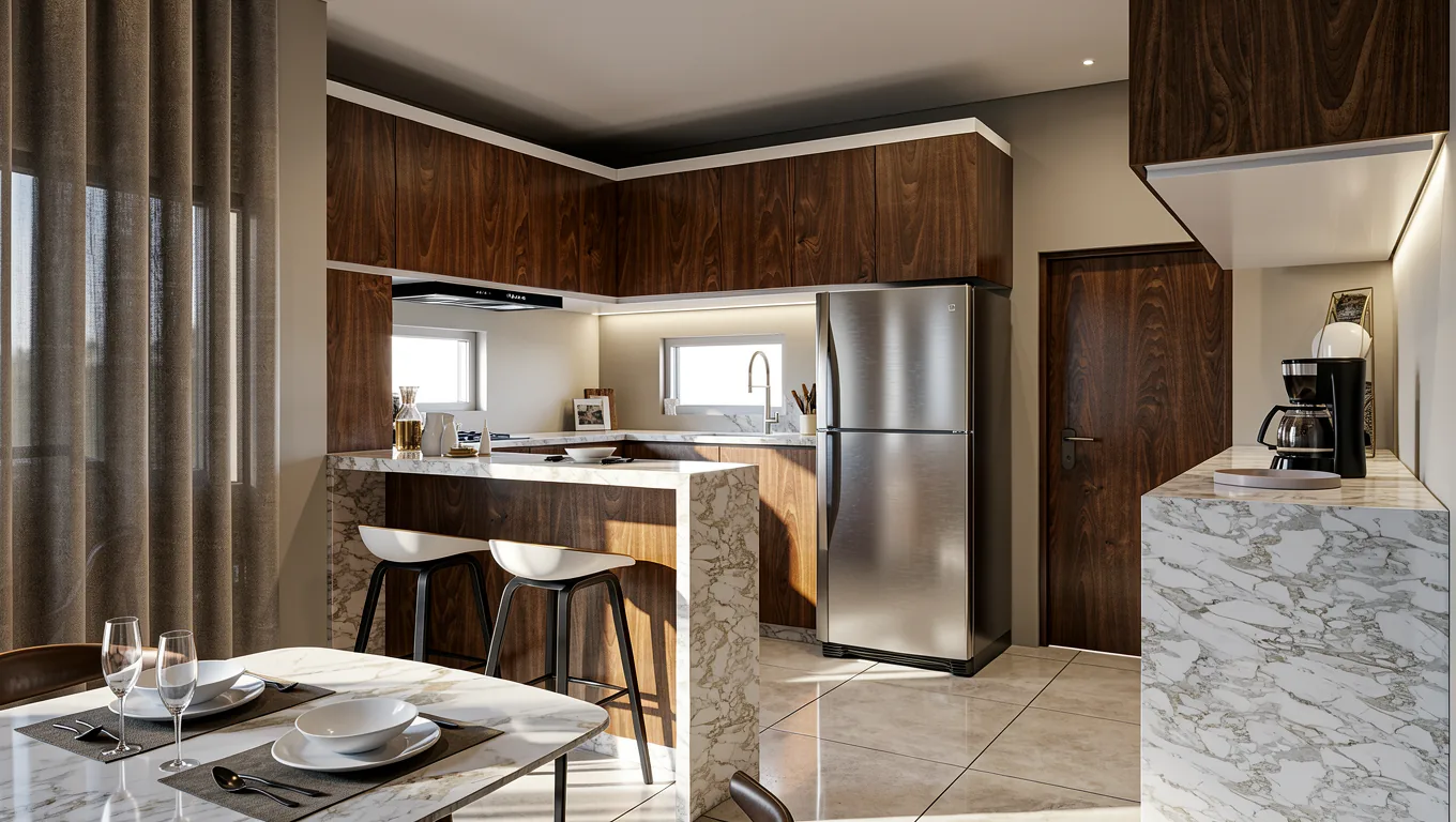 Open kitchen with marble island