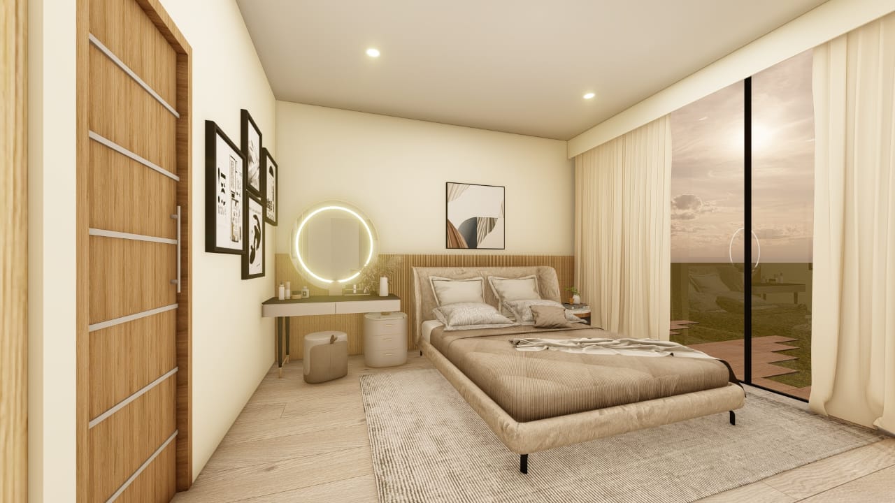 Bedroom with vanity and balcony