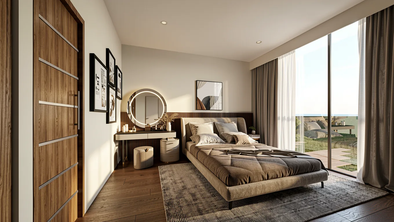 Bedroom with vanity and balcony
