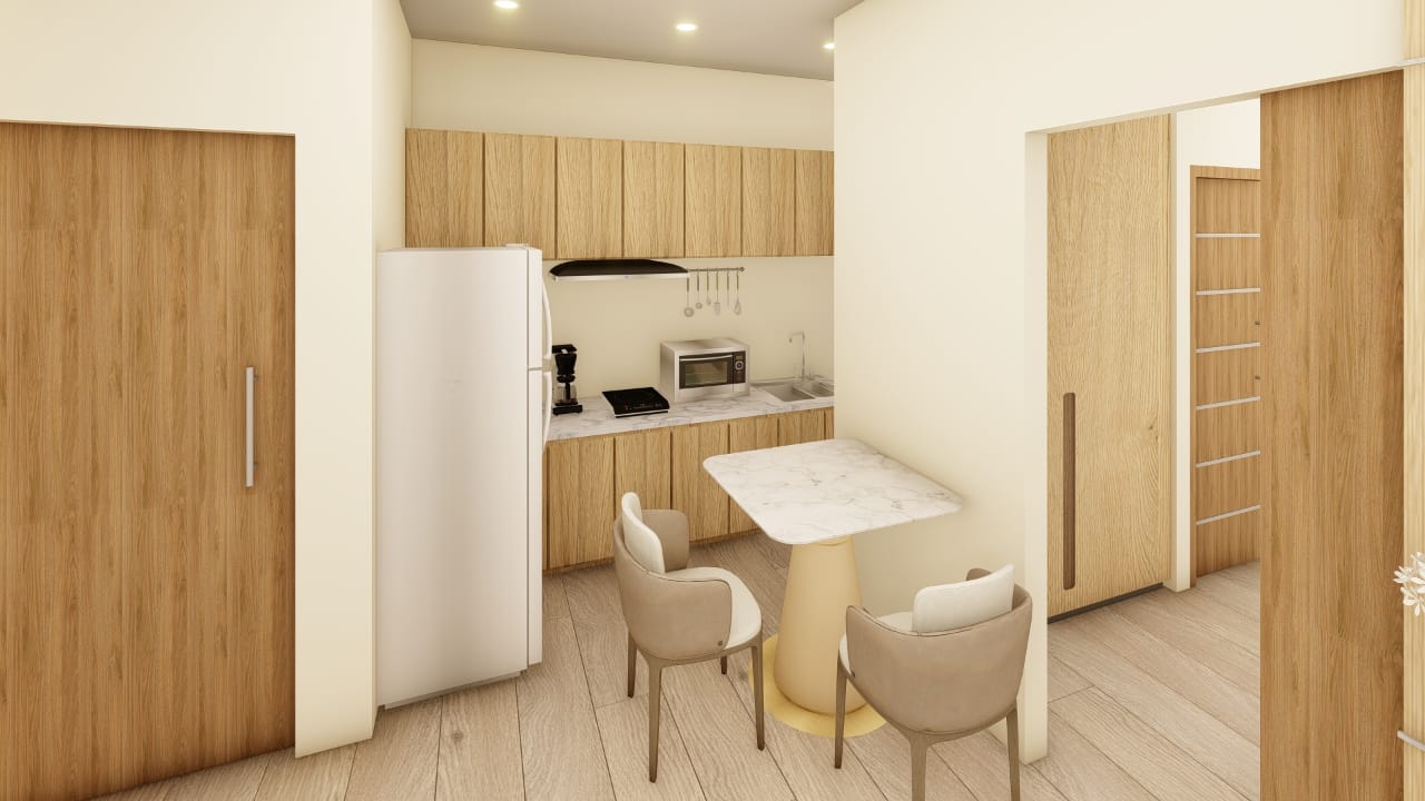 Kitchen and dining between suite rooms