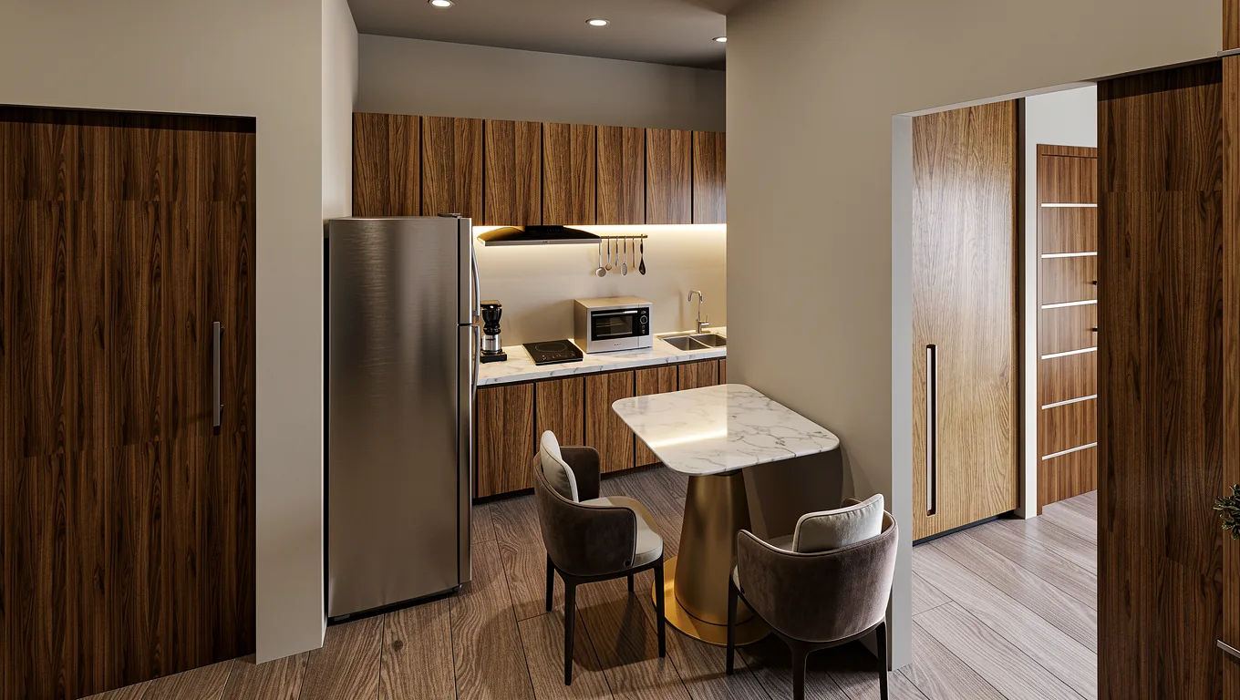 Kitchen and dining between suite rooms