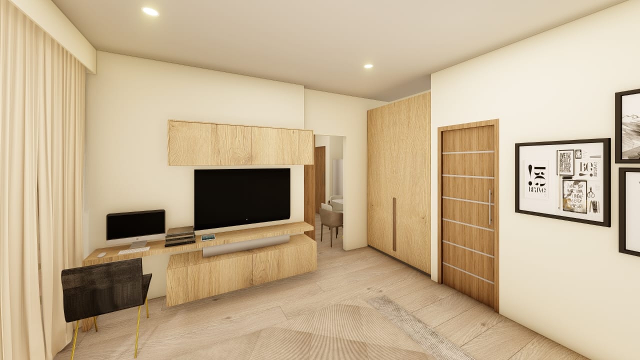 Studio suite with work desk and media wall