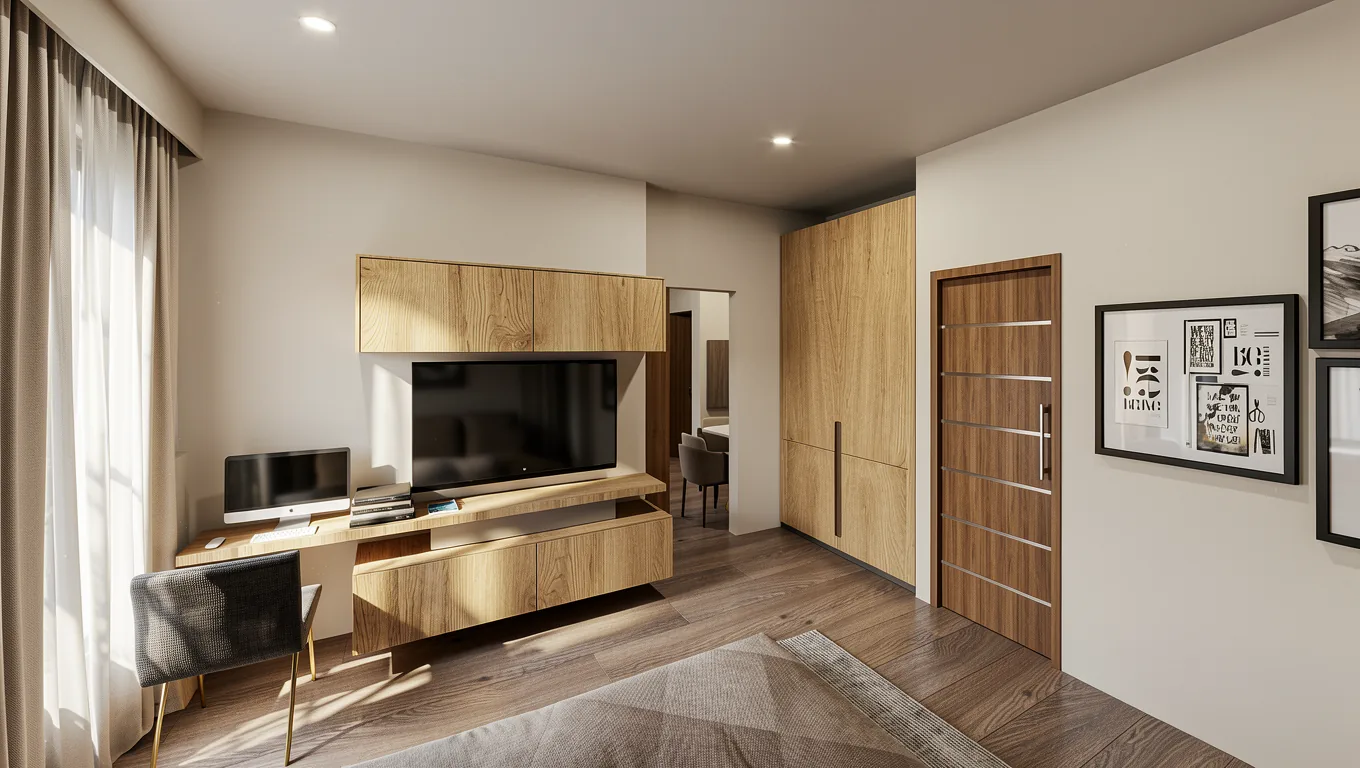 Studio suite with work desk and media wall